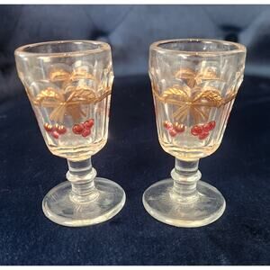 Vtg American Girl Shot Glasses Set of 2 Gold Palms Trees Red Cherries Stemware